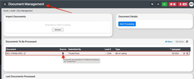Trucker Tools Document Management Upload